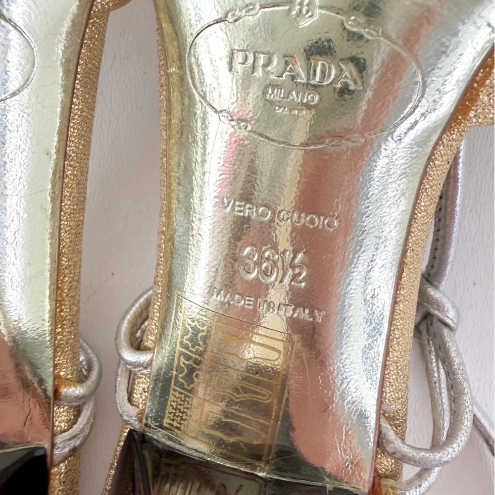 PRADA | Vintage Gold & Silver Metallic Knot Heels Tortoise Stiletto 36.5